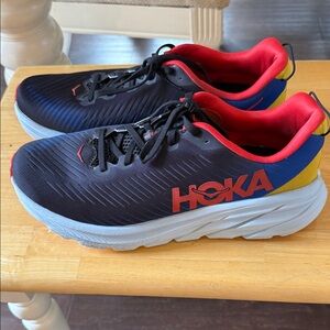 Hoka Rincon 3 men’s 11 Black and Red Athletic Shoes with Blue and Yellow Accents